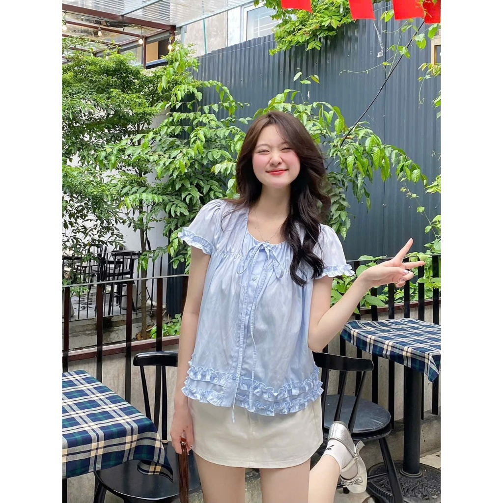 Áo babydoll bèo gấu cổ thắt nơ siêu xinh, sơ mi bèo tay nhiều màu A72