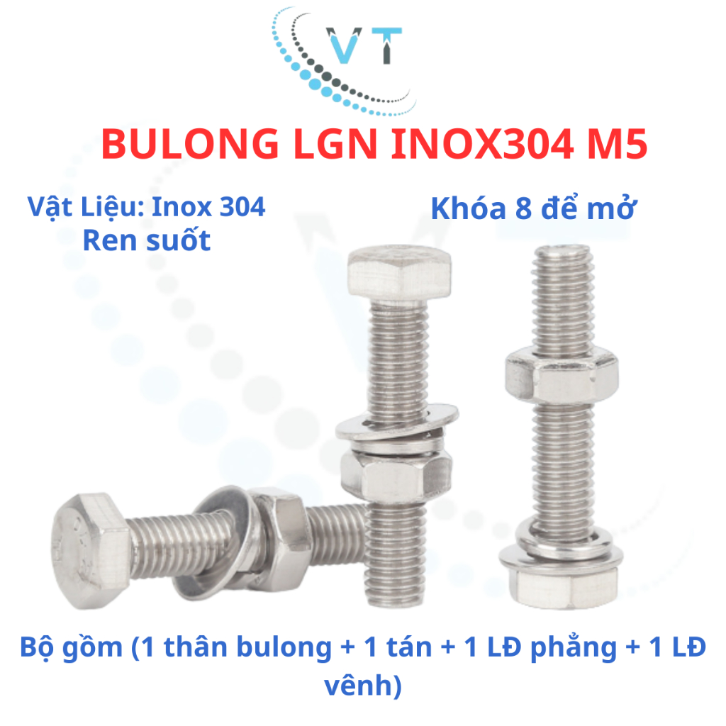 Bulong LGN inox304 M5 (vặn cờ lê 8) dài 10mm - 60mm. 1 bộ ( 1 bulong + 1 tán+ 1LĐ phẳng + 1 LĐ vênh)