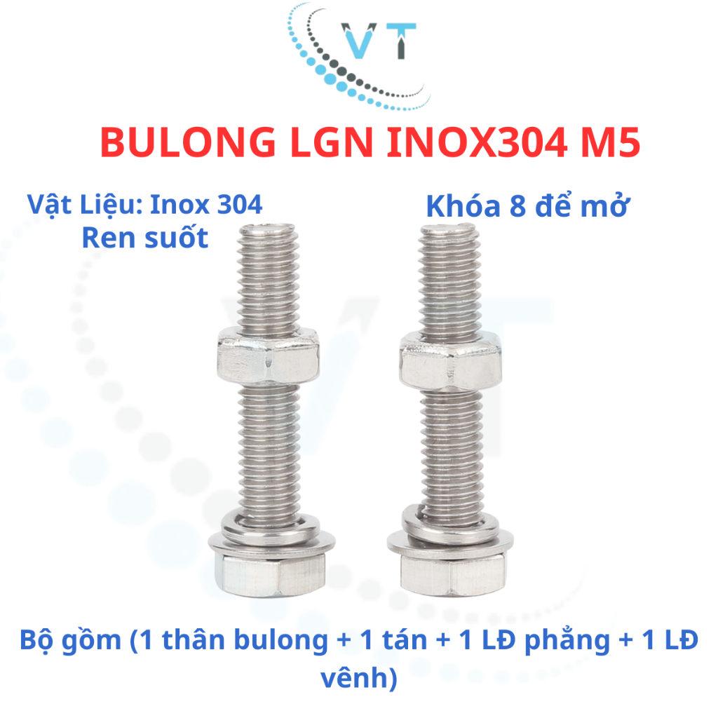 Bulong LGN inox304 M5 (vặn cờ lê 8) dài 10mm - 60mm. 1 bộ ( 1 bulong + 1 tán+ 1LĐ phẳng + 1 LĐ vênh)