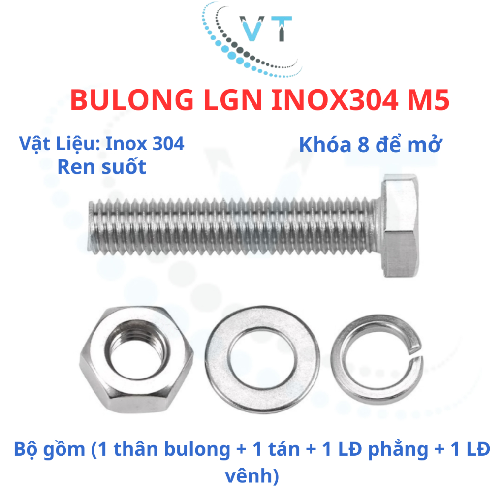 Bulong LGN inox304 M5 (vặn cờ lê 8) dài 10mm - 60mm. 1 bộ ( 1 bulong + 1 tán+ 1LĐ phẳng + 1 LĐ vênh)