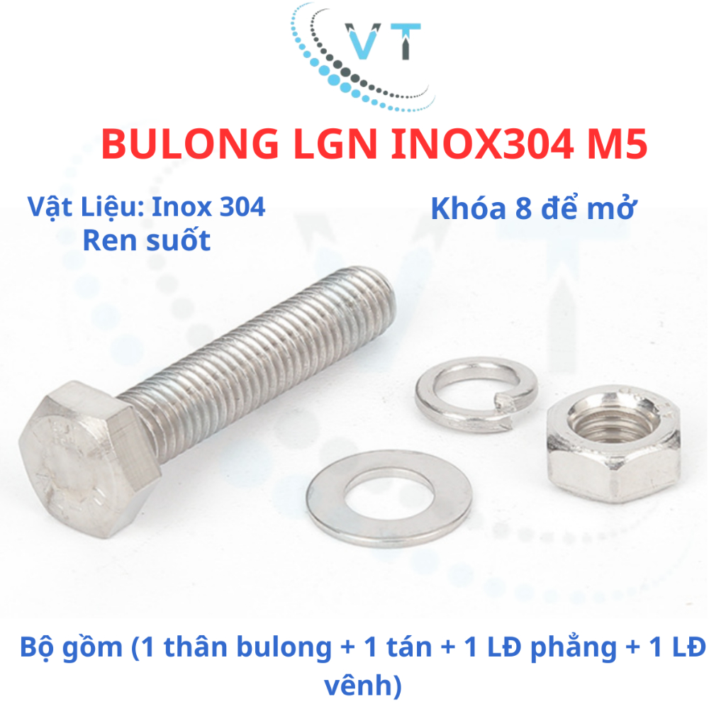 Bulong LGN inox304 M5 (vặn cờ lê 8) dài 10mm - 60mm. 1 bộ ( 1 bulong + 1 tán+ 1LĐ phẳng + 1 LĐ vênh)
