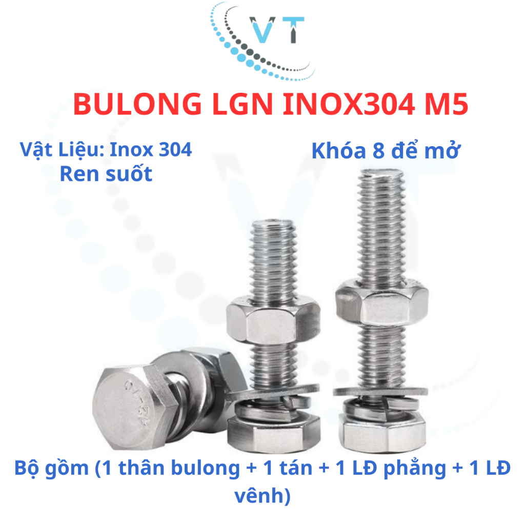 Bulong LGN inox304 M5 (vặn cờ lê 8) dài 10mm - 60mm. 1 bộ ( 1 bulong + 1 tán+ 1LĐ phẳng + 1 LĐ vênh)
