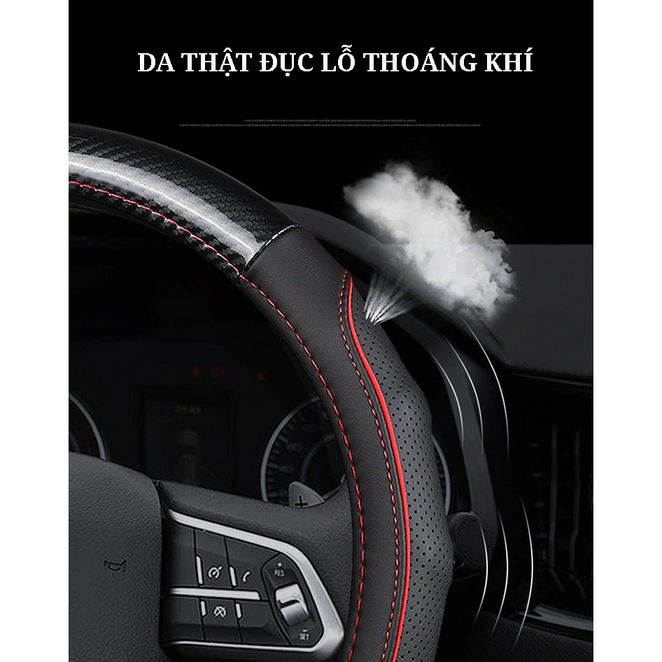 Bọc Vô Lăng Ô Tô Da Thật Đục Lỗ Vân Carbon Size 38cm Siêu Thoáng Khí Êm Tay Chống Trượt - Mã S7