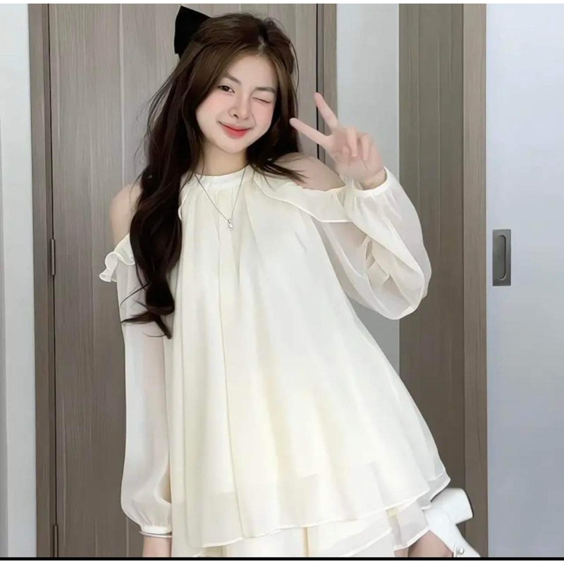 Váy babydoll dáng xoè cổ yếm khoét vai chất voan tơ 2 lớp, Đầm công chúa xoè chữ A dài tay bồng tiểu thư đi chơi dụ tiệc