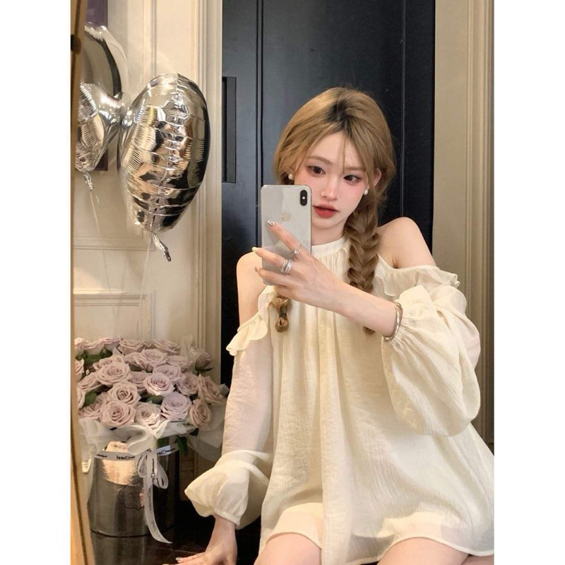 Váy babydoll dáng xoè cổ yếm khoét vai chất voan tơ 2 lớp, Đầm công chúa xoè chữ A dài tay bồng tiểu thư đi chơi dụ tiệc