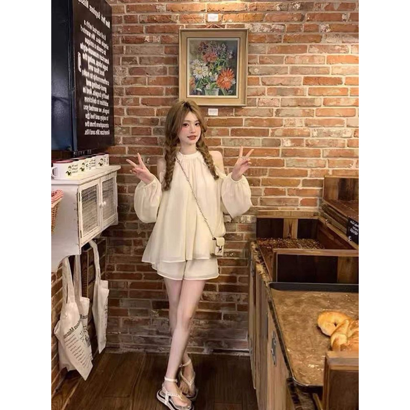 Váy babydoll dáng xoè cổ yếm khoét vai chất voan tơ 2 lớp, Đầm công chúa xoè chữ A dài tay bồng tiểu thư đi chơi dụ tiệc