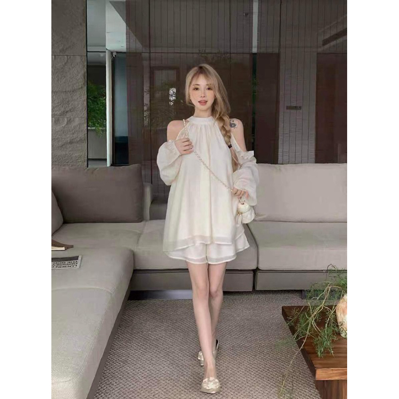 Váy babydoll dáng xoè cổ yếm khoét vai chất voan tơ 2 lớp, Đầm công chúa xoè chữ A dài tay bồng tiểu thư đi chơi dụ tiệc