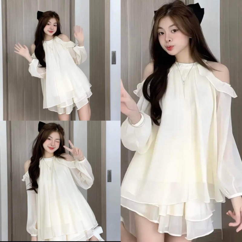 Váy babydoll dáng xoè cổ yếm khoét vai chất voan tơ 2 lớp, Đầm công chúa xoè chữ A dài tay bồng tiểu thư đi chơi dụ tiệc