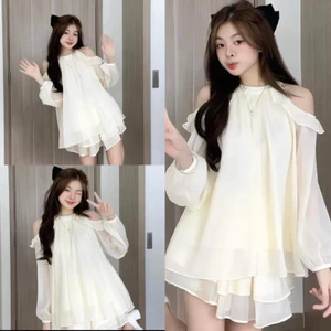 Váy babydoll dáng xoè cổ yếm khoét vai chất voan tơ 2 lớp, Đầm công chúa xoè chữ A dài tay bồng tiểu thư đi chơi dụ tiệc