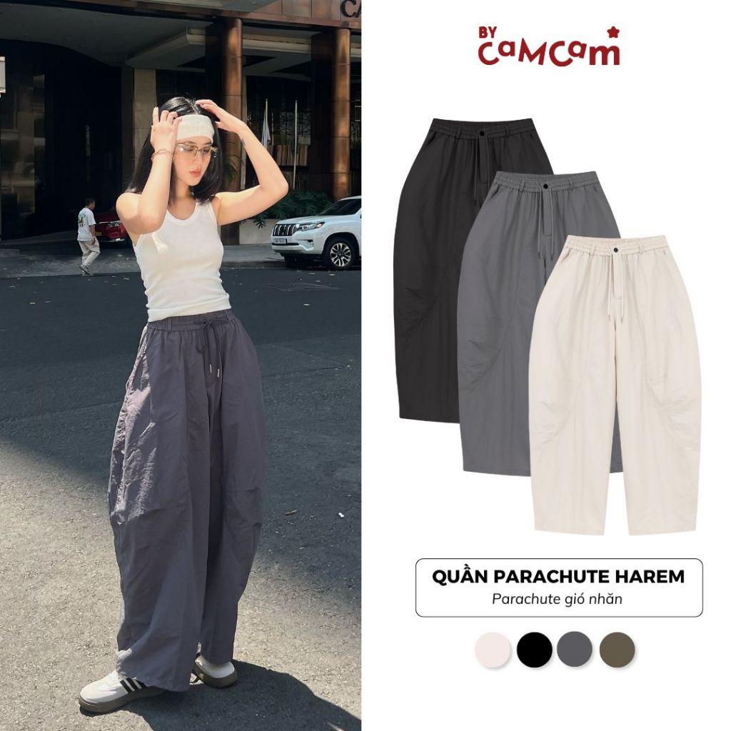 Quần Parachute Harem 𝑩𝒚𝒄𝒂𝒎𝒄𝒂𝒎 Dáng Thụng Vintage Quần Dài Dễ Vận Động Nhật Bản QTD003