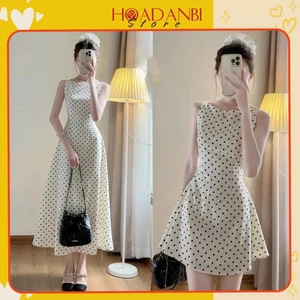 Váy cổ yếm dáng dài hoạ tiết chấm bi thanh lịch, Váy cổ thuyền sát nách đi làm đi chơi