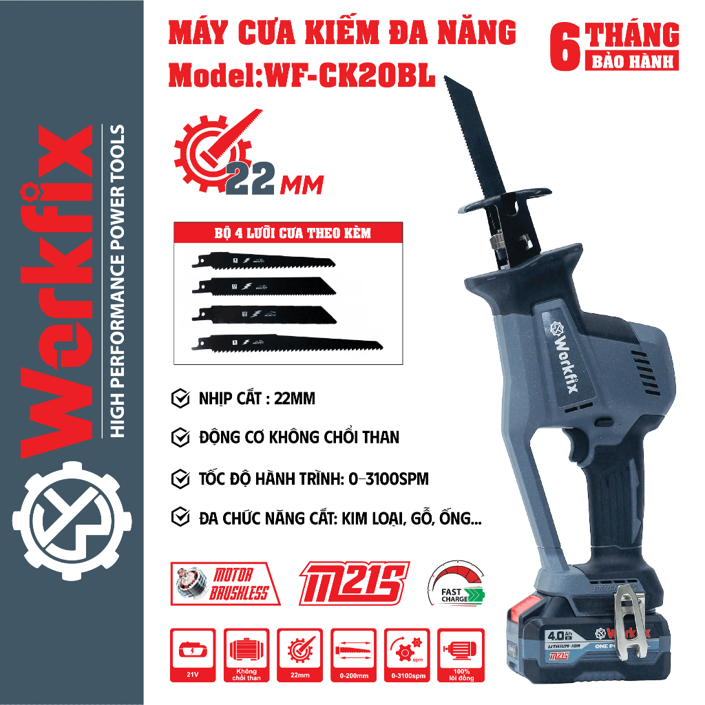 [BẢN MỚI] Máy Cưa Kiếm Pin Workfix WF-CK20BL công suất 800W Máy cưa vòng đa năng cắt cây cối, ống PC mềm mịn