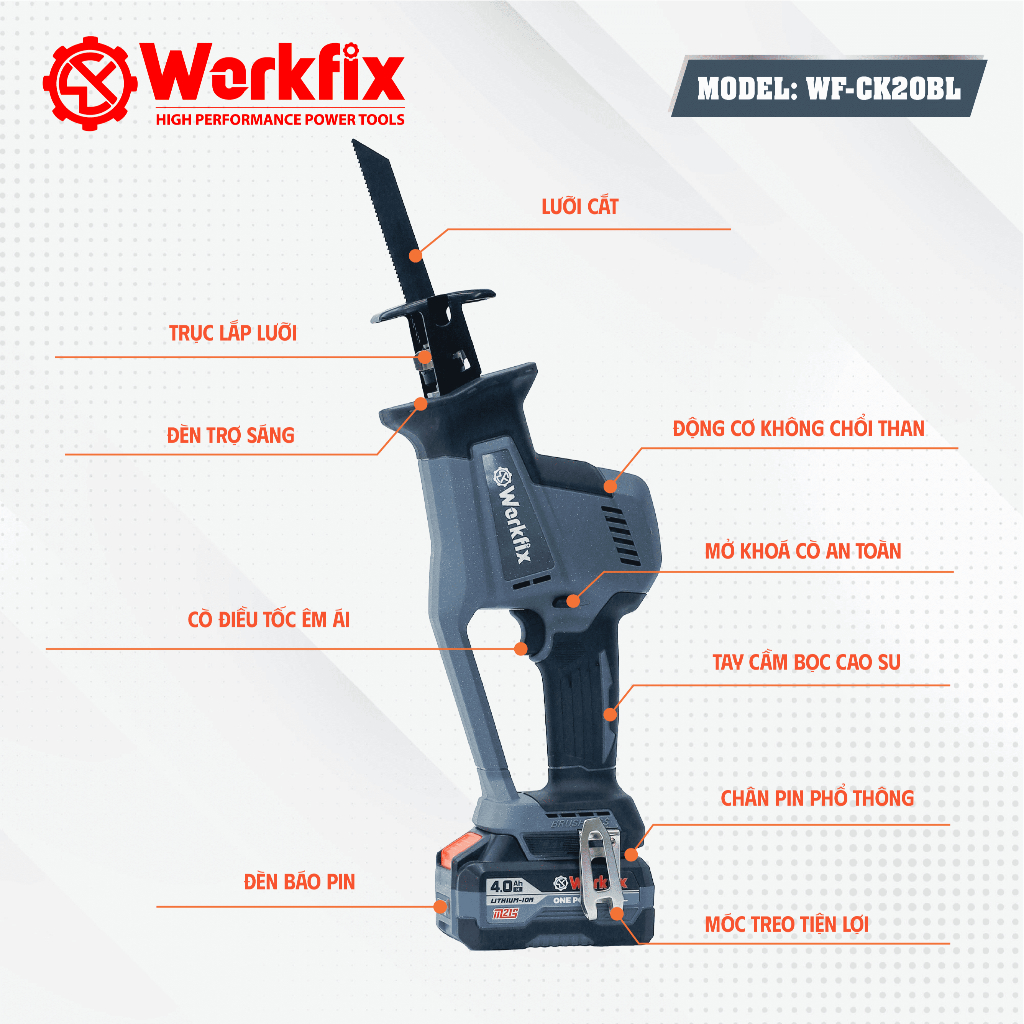 [BẢN MỚI] Máy Cưa Kiếm Pin Workfix WF-CK20BL công suất 800W Máy cưa vòng đa năng cắt cây cối, ống PC mềm mịn