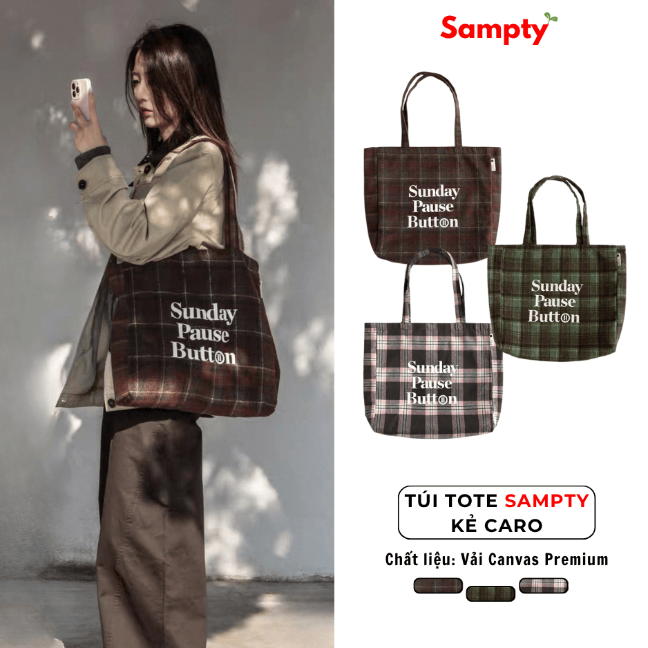Túi Tote Kẻ Caro 𝐒𝐚𝐦𝐩𝐭𝐲 Đeo Vai Nữ Vải KATE Premium 2 Lớp Dày Dặn Sunday Pause Button Autumn 2025