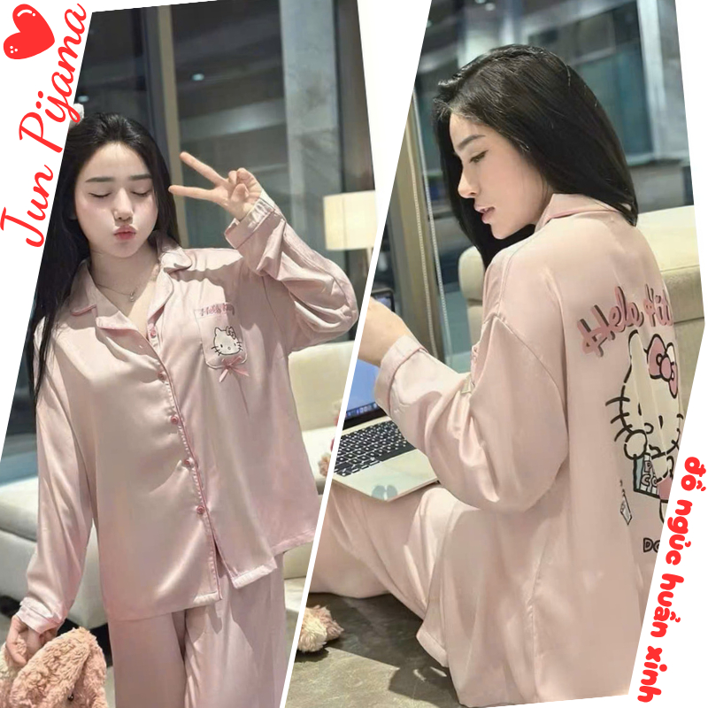 Bộ pyjama lụa, set mặc nhà và dạo phố hello kitty áo dài quần dài màu hồng dễ thương HCOM26407