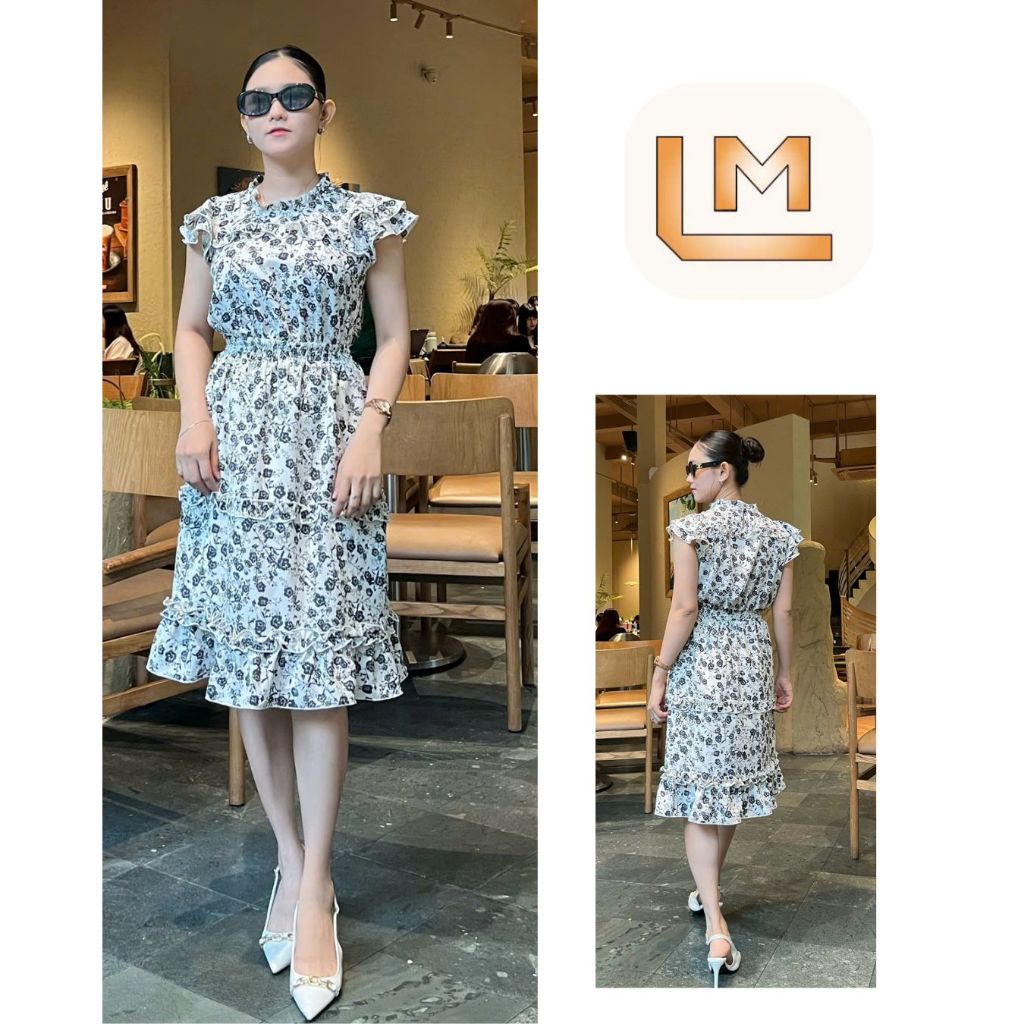 LUMI - Đầm công sở hoạ tiết hoa cổ tròn dáng xoè vải mango lạnh không nhăn, mặc đi làm dạo phố