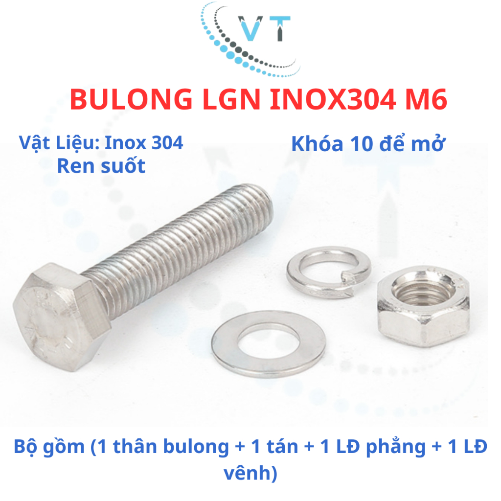 Bulong LGN inox304 M6 (vặn cờ lê 10) dài 10mm - 60mm. 1 bộ( 1 bulong + 1 tán+ 1LĐ phẳng + 1 LĐ vênh)