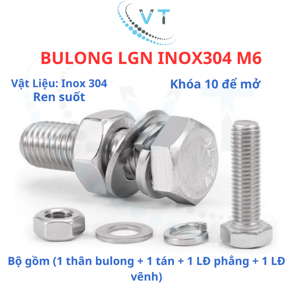 Bulong LGN inox304 M6 (vặn cờ lê 10) dài 10mm - 60mm. 1 bộ( 1 bulong + 1 tán+ 1LĐ phẳng + 1 LĐ vênh)