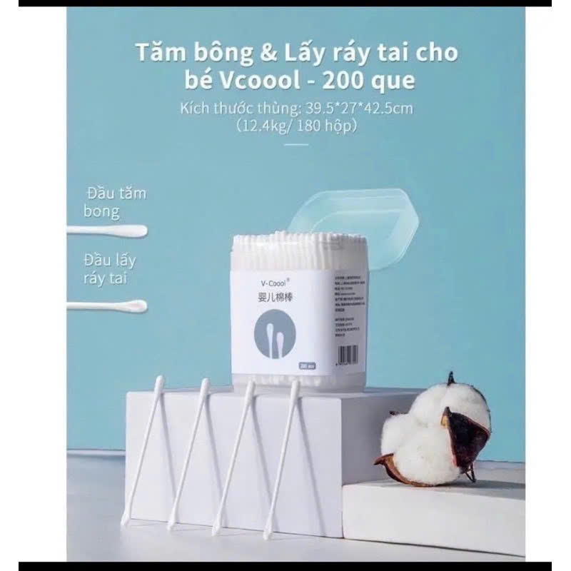 Tăm bông VCOOL cao cấp cho bé, đầu bông tiệt trùng 100% kèm thân nhựa dẻo an toàn Bahu_Baby