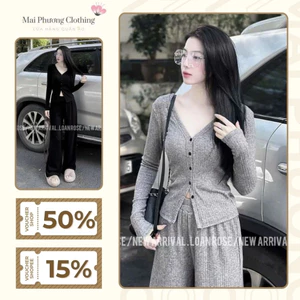 A200 SET BASIC KHUY CÚC CỔ TIM Set Bộ Đồ Nữ Mùa Thu Sang Chảnh Cá Tính Áo Dài Tay Quần Dài Ống SUÔNG size 40-65kg
