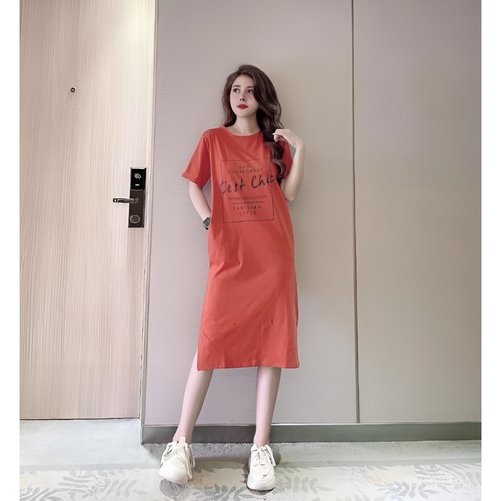 Đầm thun nữVáy suông không cổ cộc tay dáng dài form rộng xẻ tà họa tiết chữ nhiều màu bigsize bầu mặc được xinh T1214G