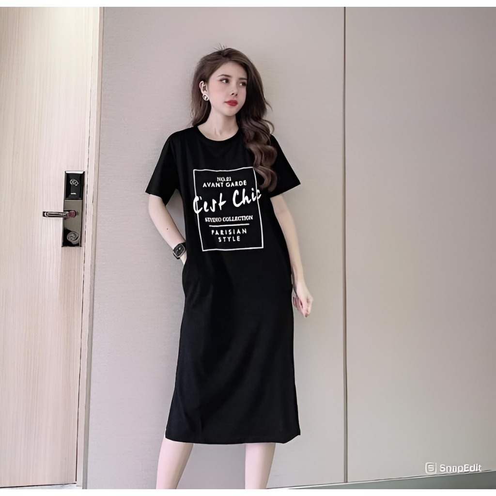 Đầm thun nữVáy suông không cổ cộc tay dáng dài form rộng xẻ tà họa tiết chữ nhiều màu bigsize bầu mặc được xinh T1214G