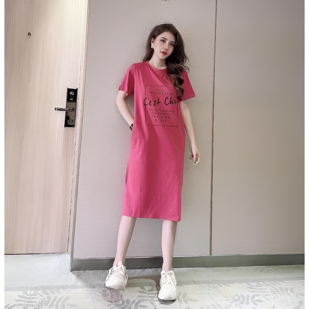 Đầm thun nữVáy suông không cổ cộc tay dáng dài form rộng xẻ tà họa tiết chữ nhiều màu bigsize bầu mặc được xinh T1214G