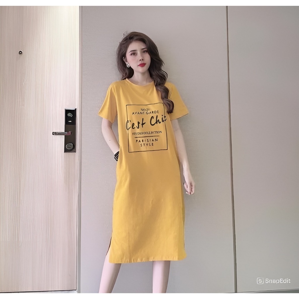 Đầm thun nữVáy suông không cổ cộc tay dáng dài form rộng xẻ tà họa tiết chữ nhiều màu bigsize bầu mặc được xinh T1214G