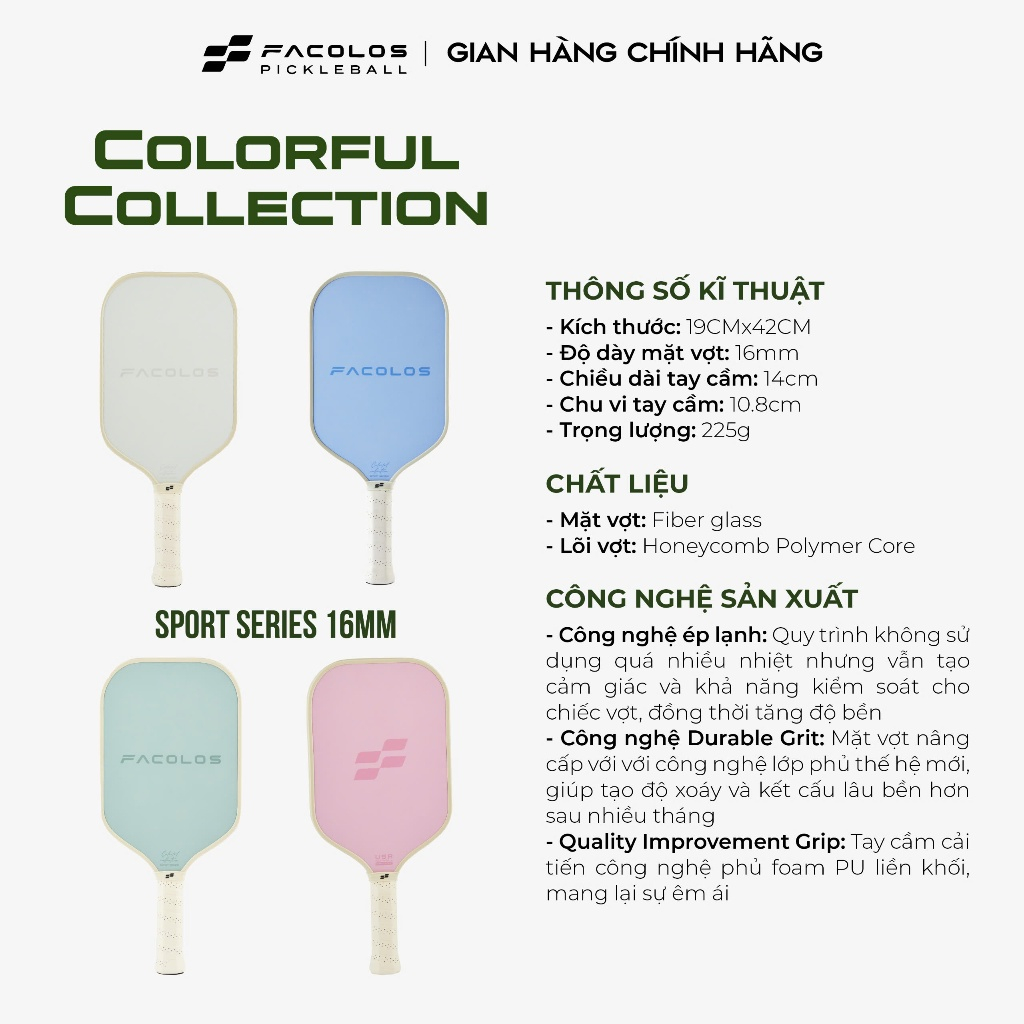 Vợt pickleball Facolos Colorful 16mm điểm chạm lớn, dễ kiểm soát, phù hợp cho người mới chơi