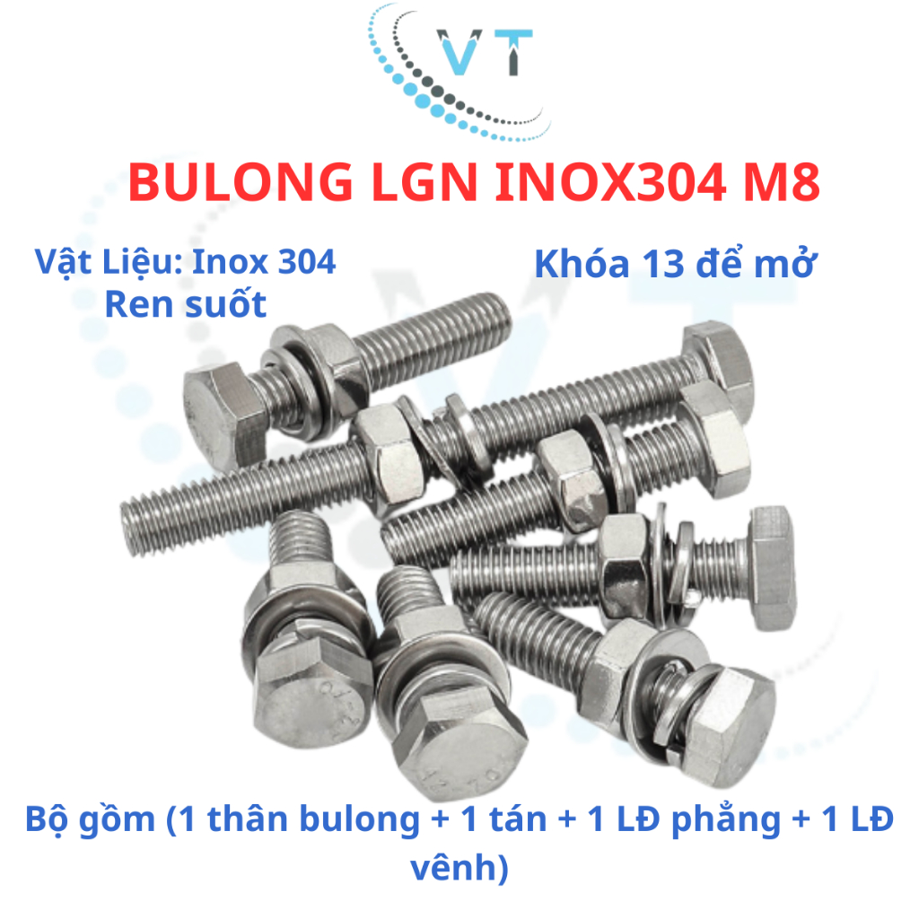 Bulong LGN inox304 M8 (vặn cờ lê 13) dài 10mm - 150mm. Combo 4 Món (Bulong + Tán + 2 Long Đền) Chống Gỉ Sét