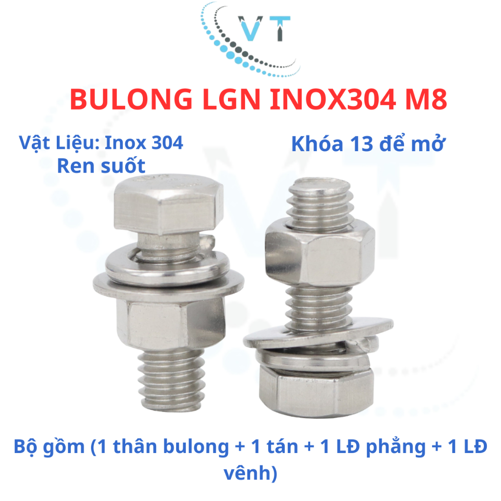 Bulong LGN inox304 M8 (vặn cờ lê 13) dài 10mm - 150mm. Combo 4 Món (Bulong + Tán + 2 Long Đền) Chống Gỉ Sét