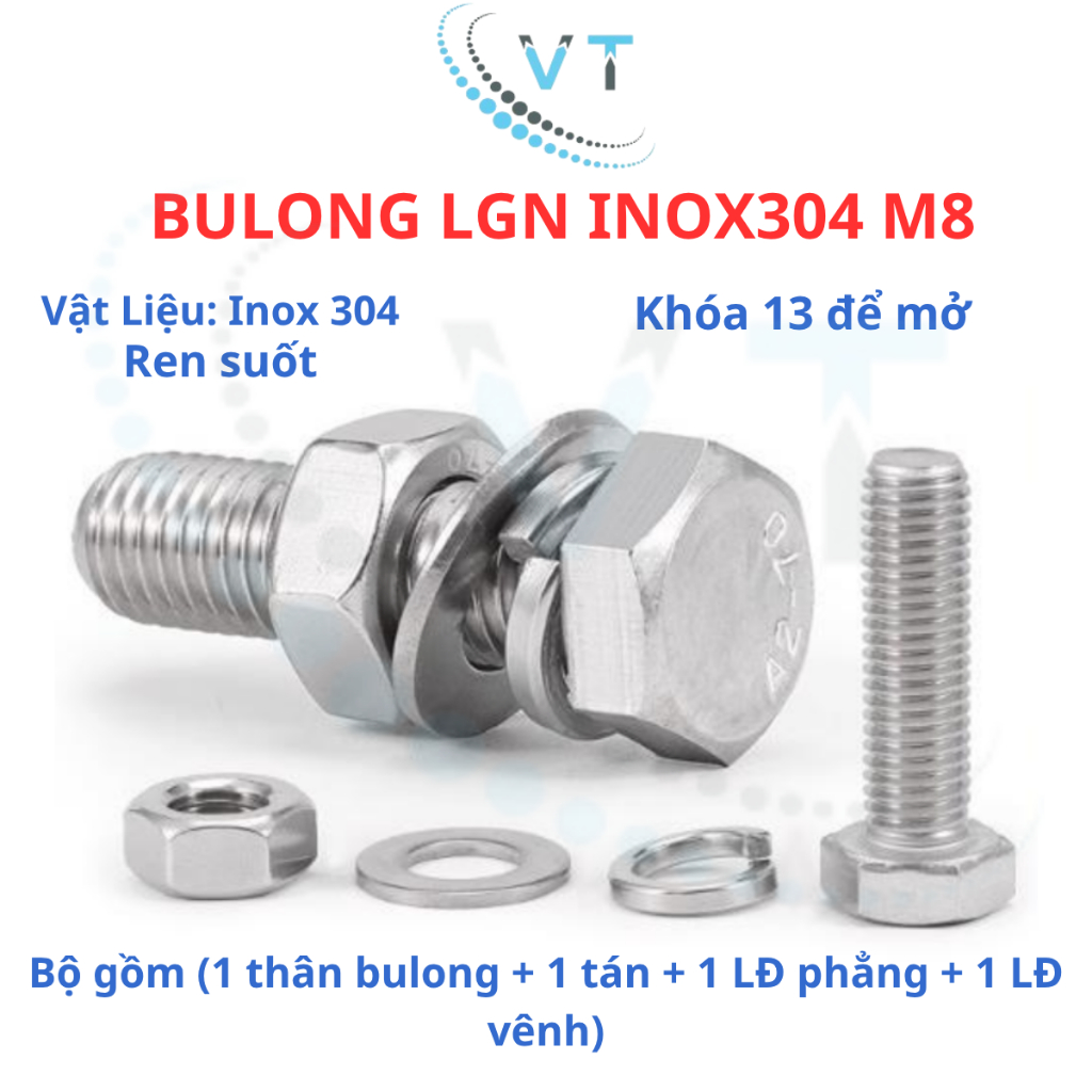 Bulong LGN inox304 M8 (vặn cờ lê 13) dài 10mm - 150mm. Combo 4 Món (Bulong + Tán + 2 Long Đền) Chống Gỉ Sét