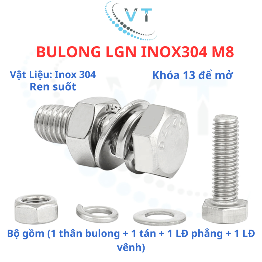 Bulong LGN inox304 M8 (vặn cờ lê 13) dài 10mm - 150mm. Combo 4 Món (Bulong + Tán + 2 Long Đền) Chống Gỉ Sét