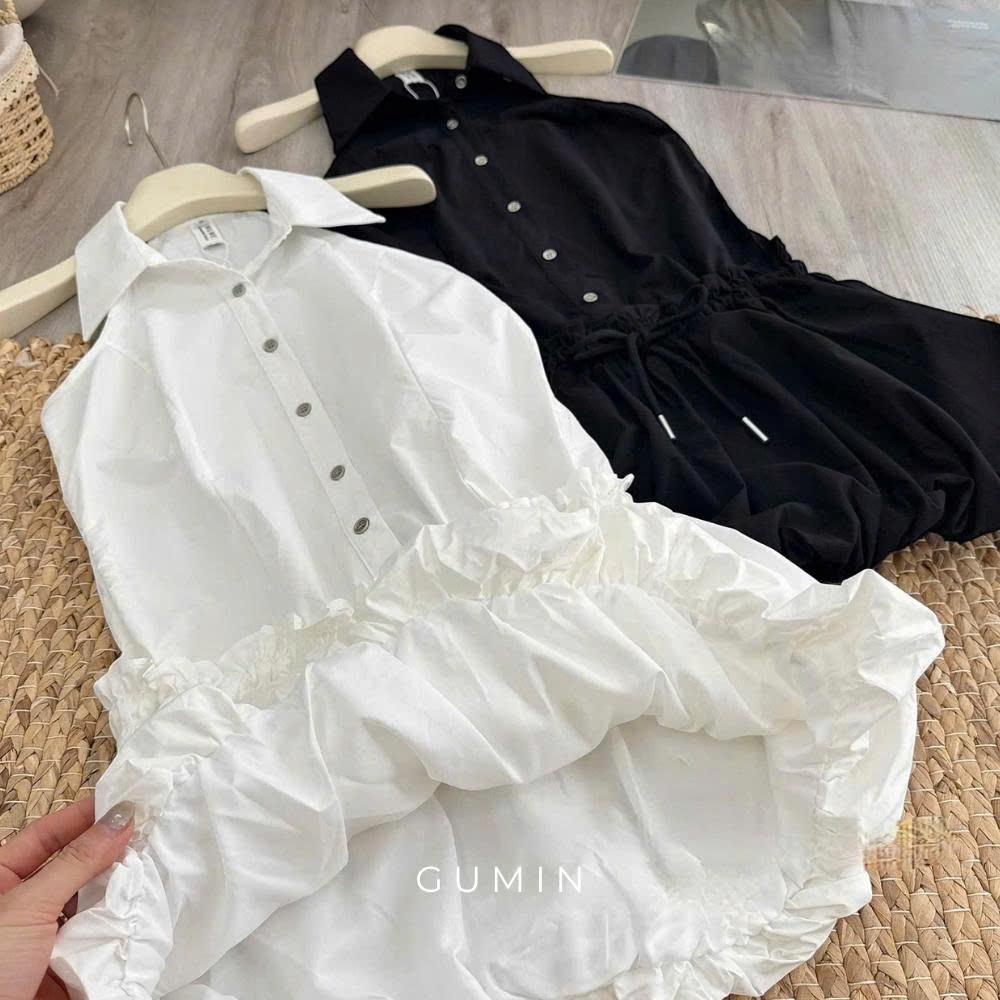 Đầm sơ mi GUMIN thiết kế cổ bẻ sát nách kèm chun eo phối chân váy bồng dày dặn sang trọng thanh lịch