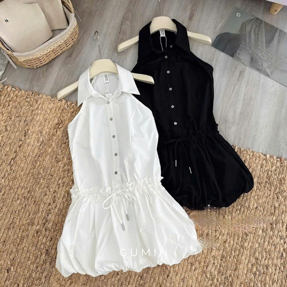 Đầm sơ mi GUMIN thiết kế cổ bẻ sát nách kèm chun eo phối chân váy bồng dày dặn sang trọng thanh lịch