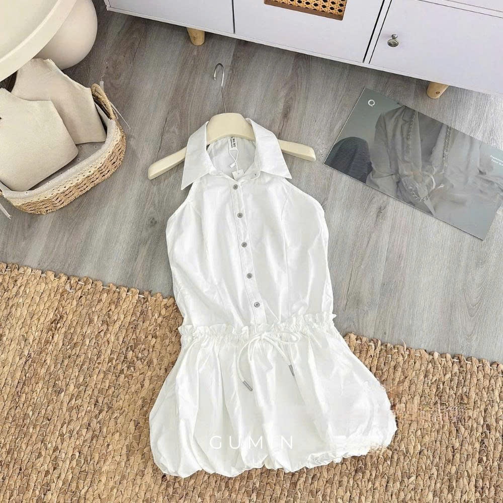 Đầm sơ mi GUMIN thiết kế cổ bẻ sát nách kèm chun eo phối chân váy bồng dày dặn sang trọng thanh lịch