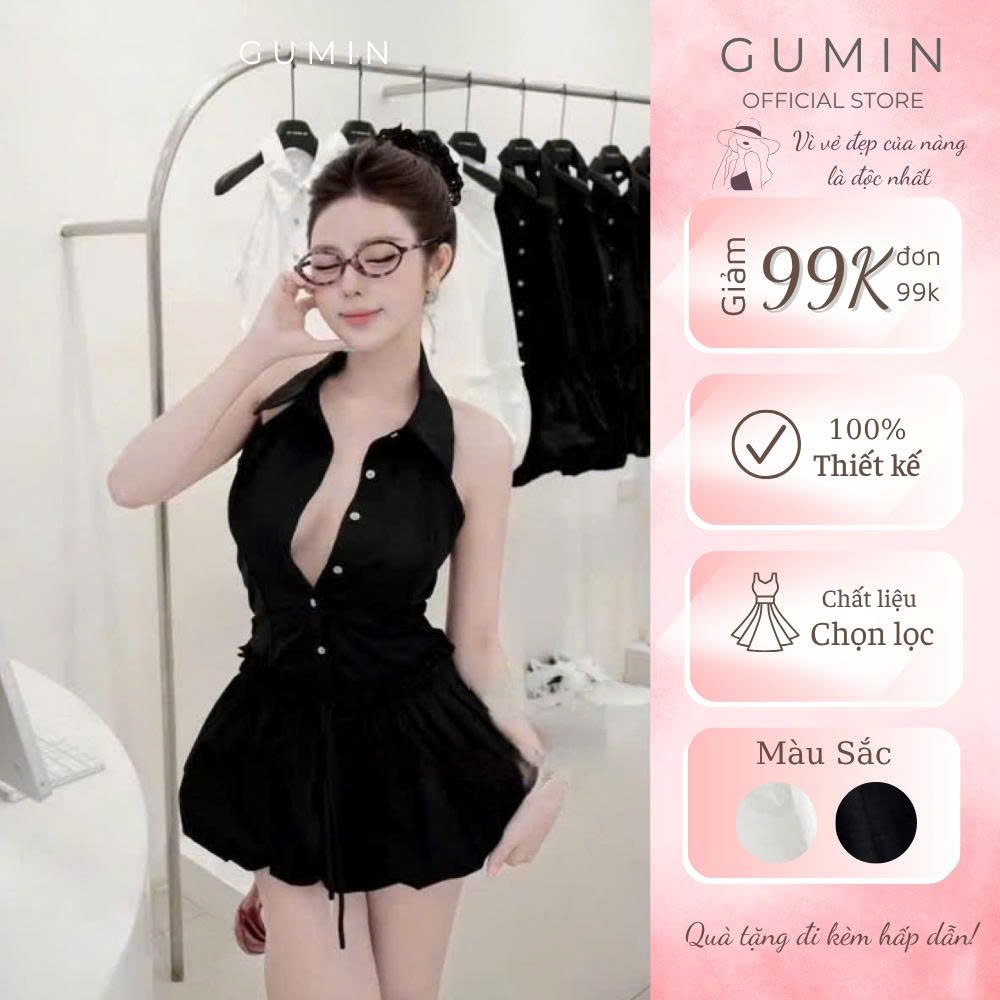 Đầm sơ mi GUMIN thiết kế cổ bẻ sát nách kèm chun eo phối chân váy bồng dày dặn sang trọng thanh lịch
