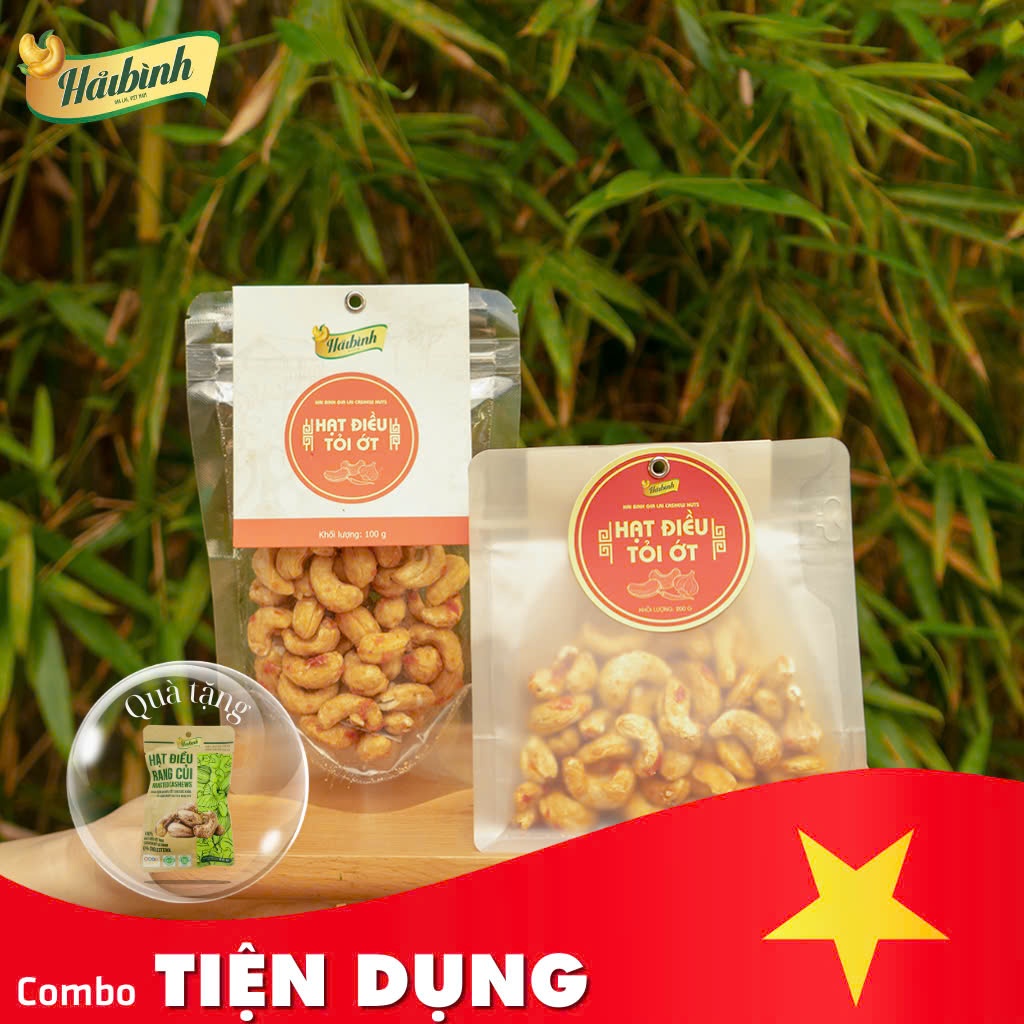 Combo Tiện Dụng Hạt Điều vị Tỏi Ớt gói 100g và gói 200g TẶNG 50g Rang Củi | Hạt điều Hải Bình Gia Lai