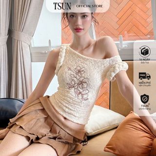 TSUN - Áo Ren Nữ Lệch Vai Trễ Vai Thêu Hoạ Tiết Hoa Lan Màu Be Ôm Body Gợi Cảm Sang Chảnh