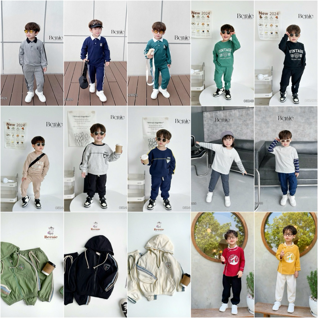 Bộ Dài Tay Bé Trai Bernie Size 80-130 (9-24kg) – Đồ Thu Đông Trẻ Em Mềm Mại
