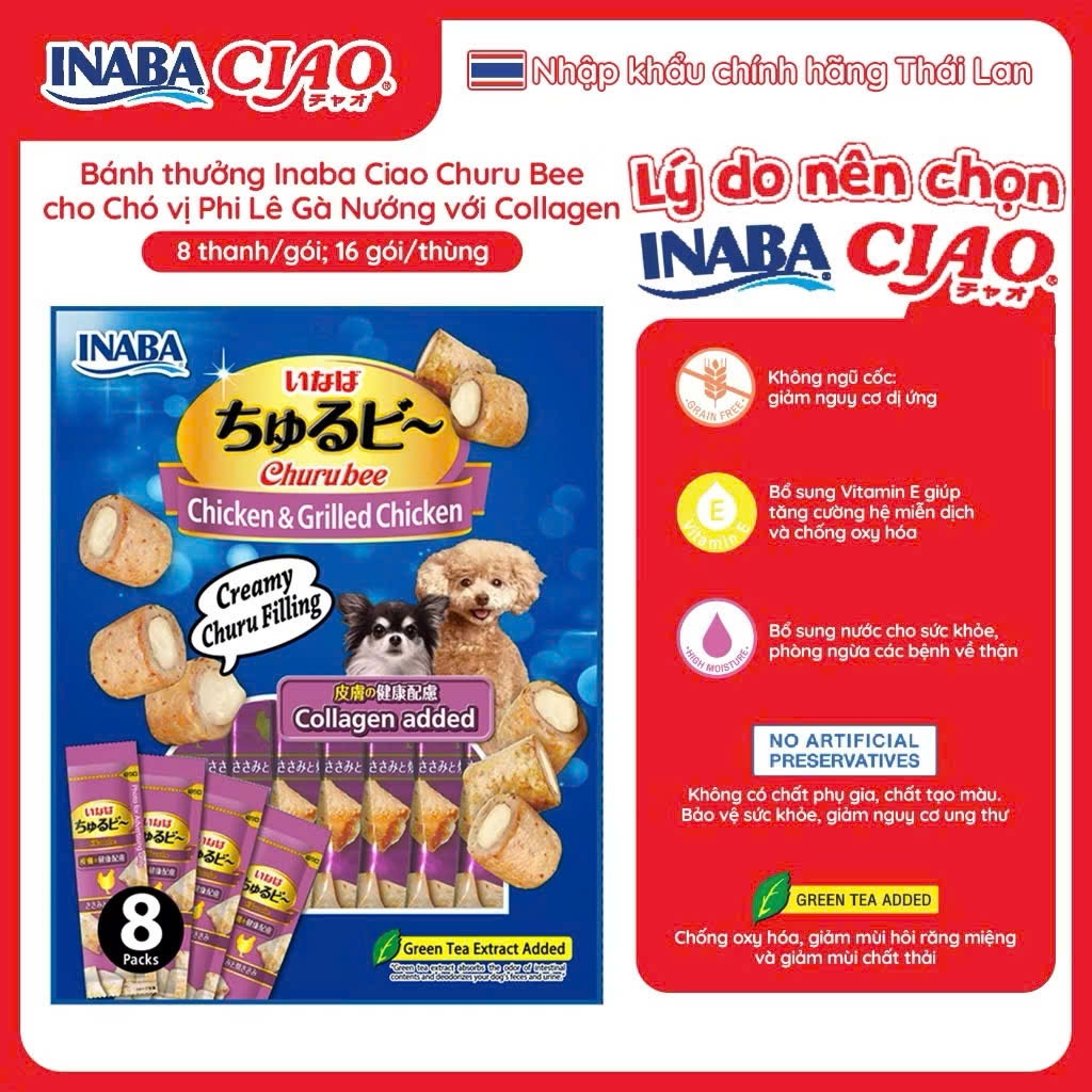 [Nhập Khẩu Thái Lan] Bánh Thưởng Cho Chó INABA CIAO Churu Bee Vị Phi Lê Gà Nướng Collagen&Canxi