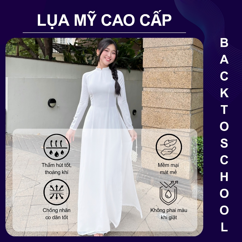 [TAY DÀI] Áo dài trắng học sinh cấp 3, cổ  V, tay dài,tà chữ A truyền thống, chất liệu lụa Mỹ - Trang Lily Áo Dài