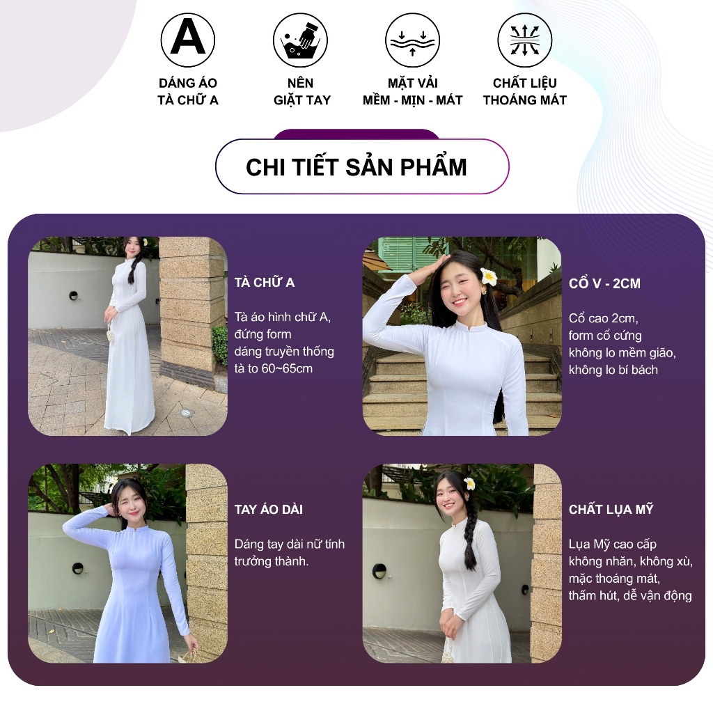 [TAY DÀI] Áo dài trắng học sinh cấp 3, cổ  V, tay dài,tà chữ A truyền thống, chất liệu lụa Mỹ - Trang Lily Áo Dài