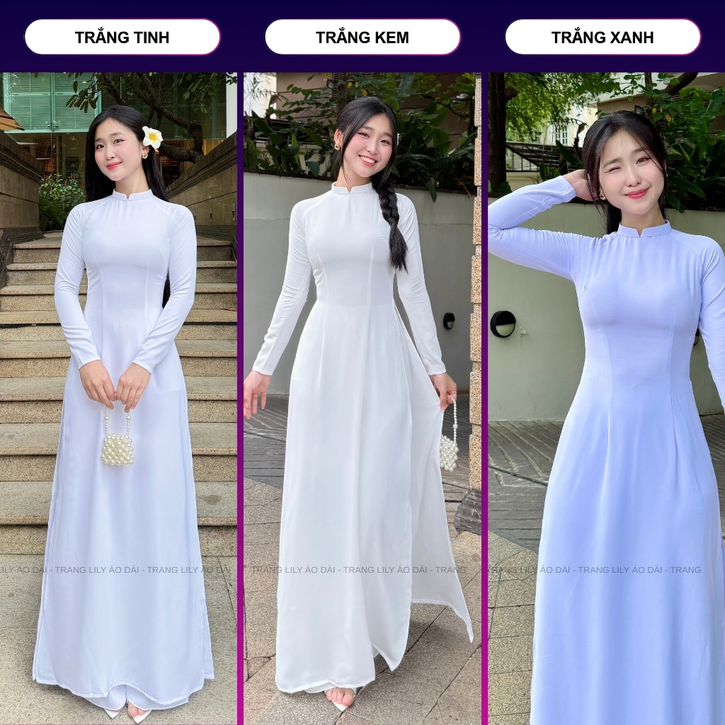 [TAY DÀI] Áo dài trắng học sinh cấp 3, cổ  V, tay dài,tà chữ A truyền thống, chất liệu lụa Mỹ - Trang Lily Áo Dài