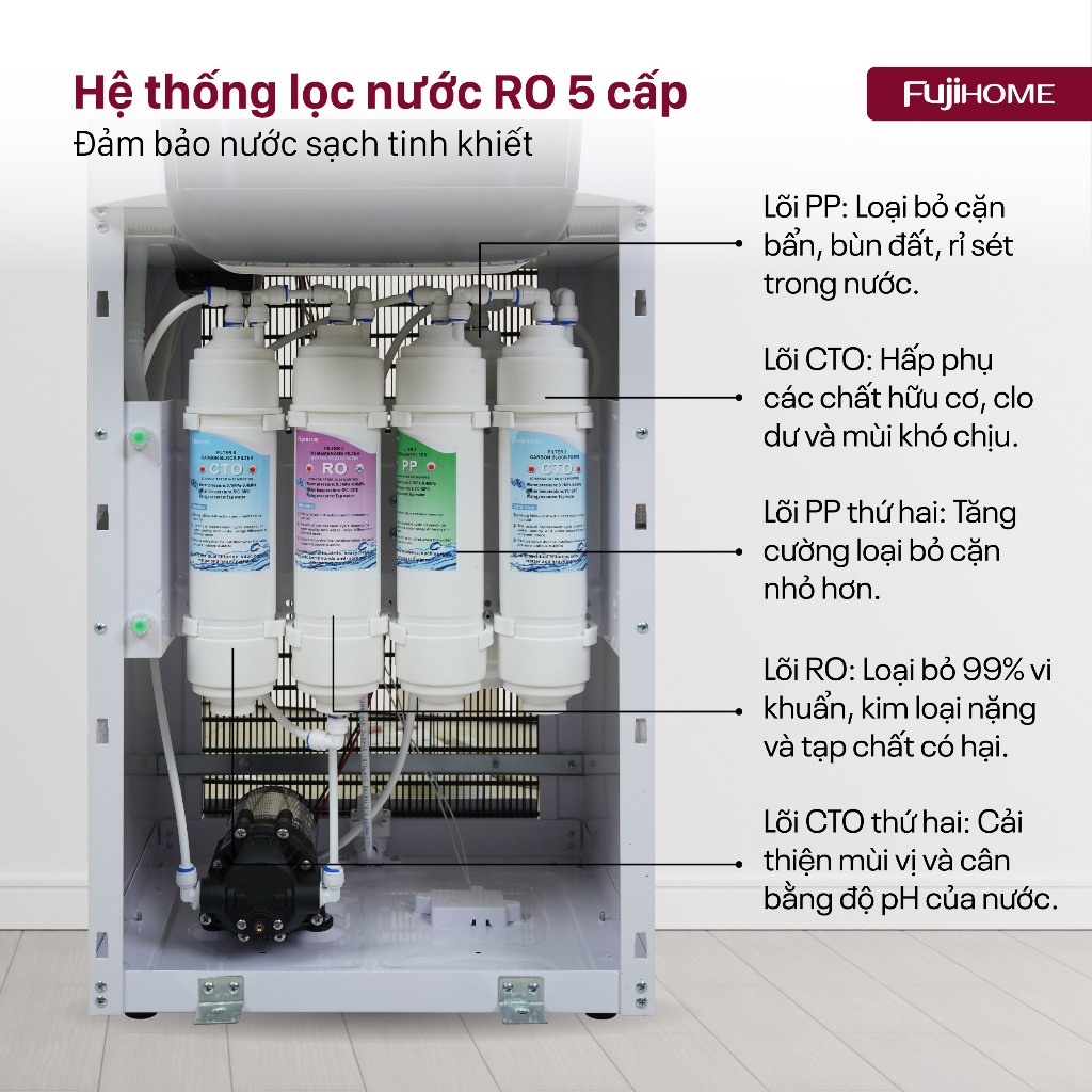 Máy lọc nước tinh khiết nóng lạnh FUJIHOME WP9201C Nhập Khẩu, Máy lọc 5 cấp + UV phù hợp mọi không gian