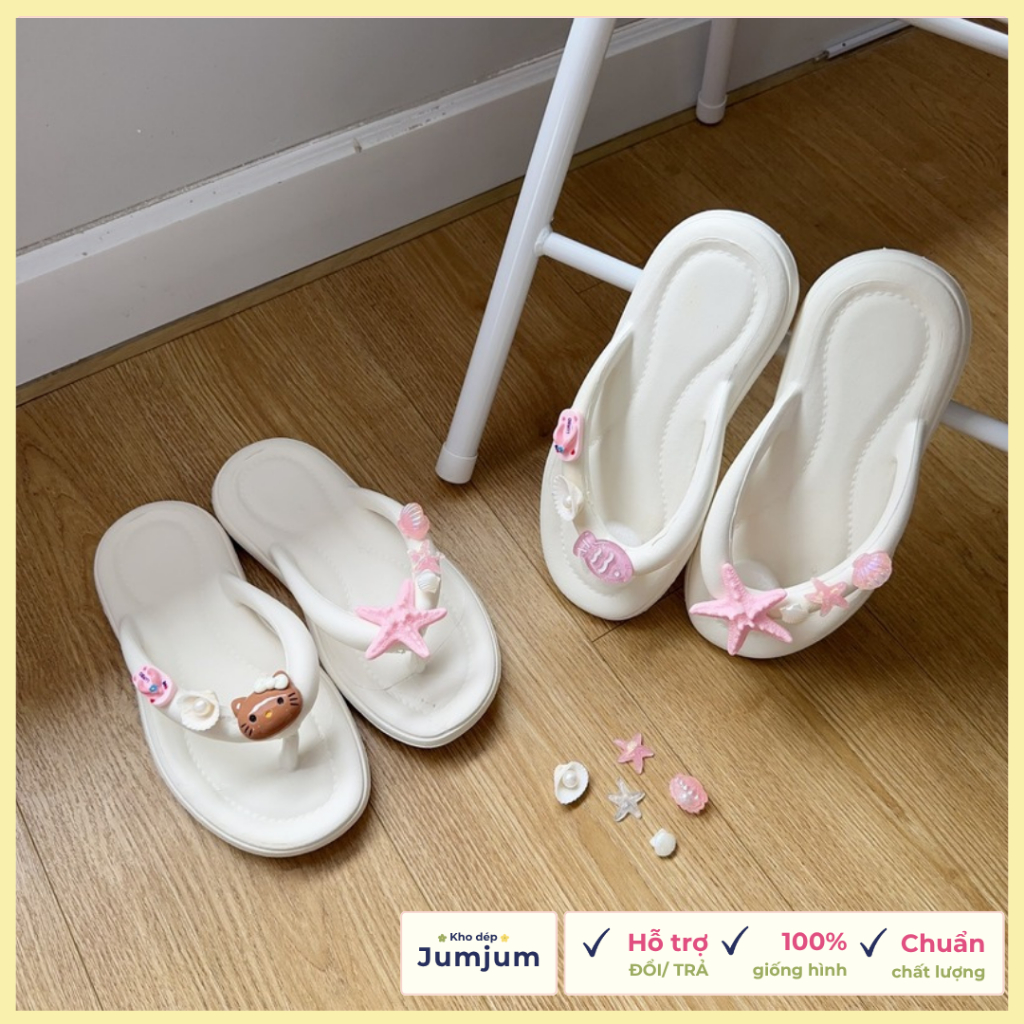 Dép xỏ ngón nữ đi biển đế mềm êm chân, kháng nước chống trượt sao biển vỏ sò kitty, đế dày 1.5 cm | JJKEP11