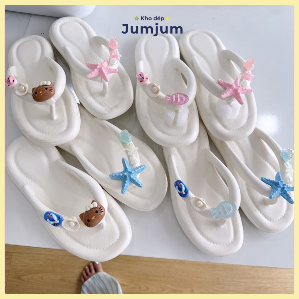 Dép xỏ ngón nữ đi biển đế mềm êm chân, kháng nước chống trượt sao biển vỏ sò kitty, đế dày 1.5 cm | JJKEP11