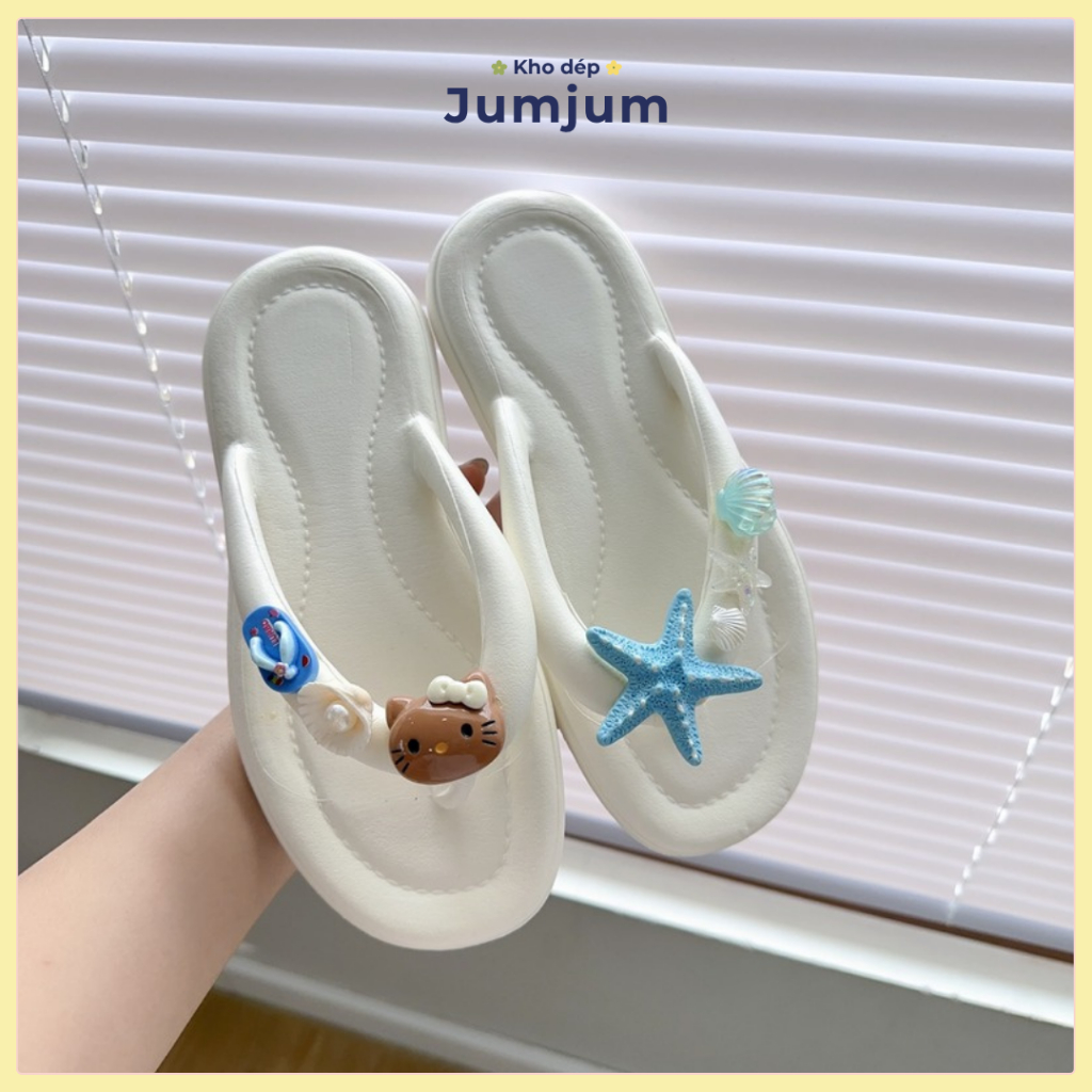 Dép xỏ ngón nữ đi biển đế mềm êm chân, kháng nước chống trượt sao biển vỏ sò kitty, đế dày 1.5 cm | JJKEP11