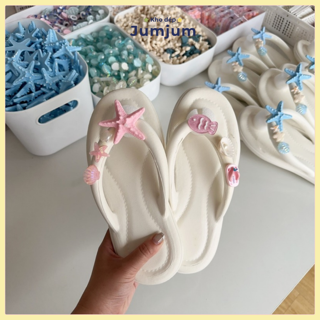 Dép xỏ ngón nữ đi biển đế mềm êm chân, kháng nước chống trượt sao biển vỏ sò kitty, đế dày 1.5 cm | JJKEP11