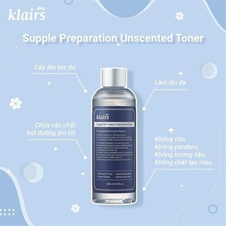 Nước Hoa Hồng Klairs Supple Preparation Unscented Toner Dưỡng Ẩm Làm Dịu Da 180ml - Bebeau